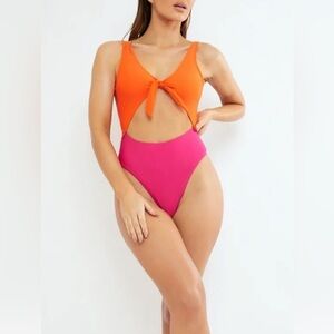 Bingo Surf Neon Pink Orange Cutout High Thigh Swimsuit Size L
